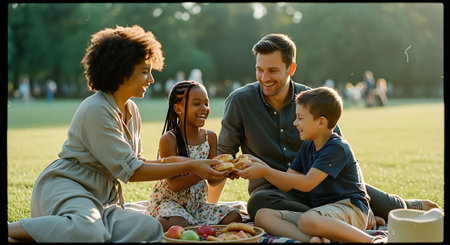 happy multiethnic family eating pizza on picnic in park during summerの素材