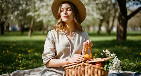 Beautiful young woman in hat sitting on green grass and holding basket with easter eggs in parkの素材