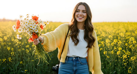 Portrait of a beautiful young woman in a yellow sweater with a bouquet of wildflowers in her hands on a background of yellow flowers.の素材