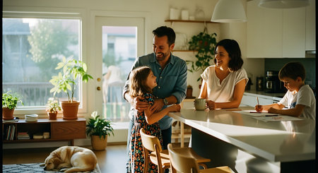 Happy family having breakfast in the kitchen at home. Mother, father and their children are having fun together.の素材