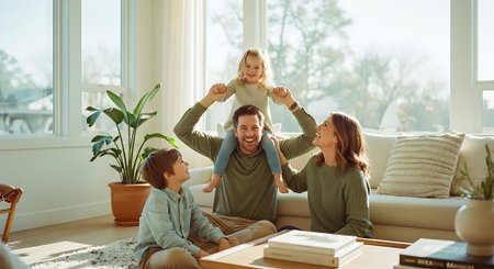 happy family with little daughter sitting on sofa and looking at camera at homeの素材