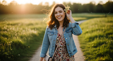 Portrait of a beautiful girl in a denim jacket and flowers in her hairの素材