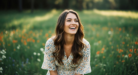 Portrait of a beautiful young woman in a field with flowers.の素材