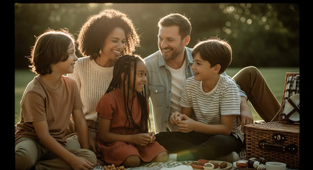 Happy family picnicking in the park. Mother, father and children having fun together.の素材