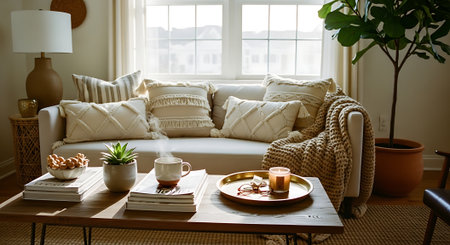 Cozy living room interior with sofa, coffee table, coffee cup, books and plantの素材
