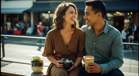 Portrait of happy young couple with camera and coffee cup in cityの素材