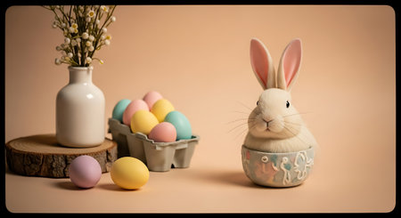 Easter bunny and easter eggs on a beige background.の素材