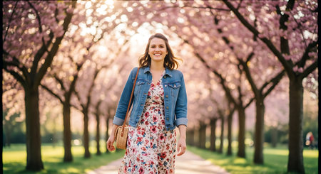 Beautiful young woman walking in blooming cherry blossom park.の素材