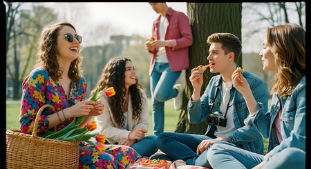 Group of young people having picnic in park and eating tulips.の素材