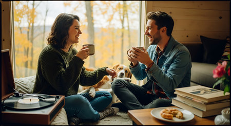 Happy couple sitting on the bed and drinking coffee with their dog.の素材