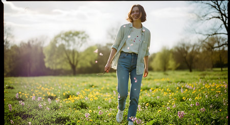 Young woman walking in a spring meadow with daffodilsの素材