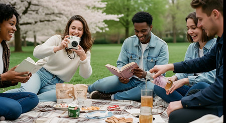 multiethnic friends reading book and drinking beer during picnic in parkの素材