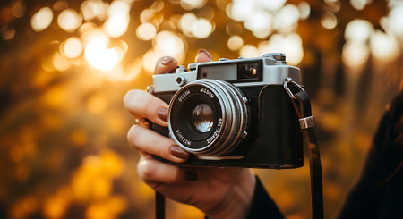 Woman holding retro camera in her hand on blurred autumn background with bokehの素材