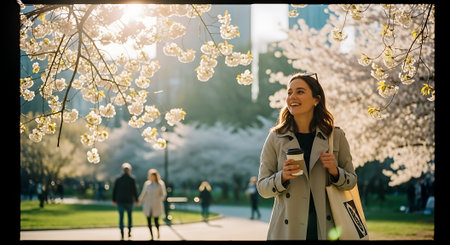Beautiful young woman drinking coffee and walking in the city park.の素材