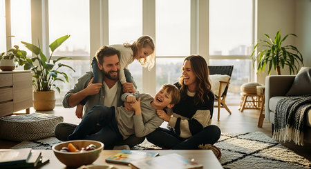 Happy family with two children playing together at home. Mother, father and daughter spending time together.の素材