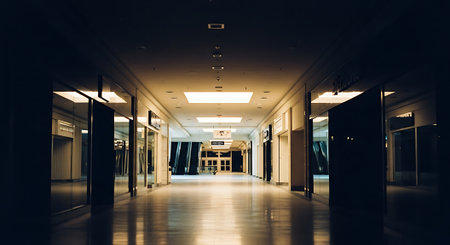 Interior of a modern office building with a long corridor at nightの素材