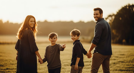 Happy family with two kids holding hands and walking in the park.の素材