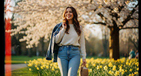 Beautiful young woman walking in spring park with blooming flowers.の素材