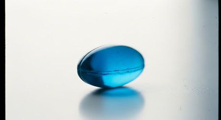 Blue glass pebbles on a white background. Shallow depth of fieldの素材