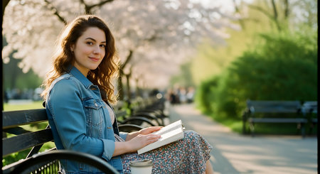 Young beautiful woman with a book sitting on a bench in the parkの素材