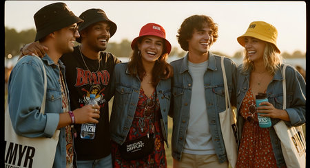 Group of friends having fun at a music festival, smiling and dancingの素材