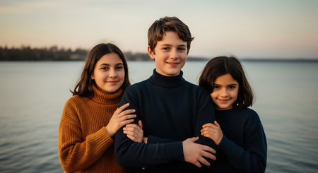 A group of teenage girls and a boy in warm sweaters standing on the shore of a lakeの素材