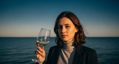 attractive young woman in coat holding glass of wine on seashoreの素材