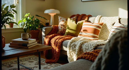 A warm and inviting living room with a comfortable couch, decorative pillows, and a coffee table with books and a mug, surrounded by plants and soft lighting.の素材