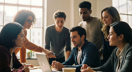A group of seven young adults from different ethnic backgrounds gather around a laptop in a well-lit office, engaged in a collaborative discussion with a woman pointing at the screen.の素材