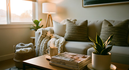 A serene living room with a beige sofa, wooden coffee table, and potted plants, illuminated by soft natural light from a window and a warm lamp.の素材