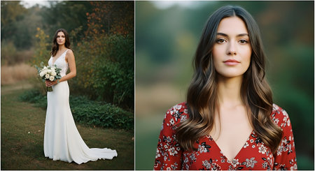 A collage of two photos featuring a woman in a white wedding dress holding flowers and another in a red floral blouse, set against natural outdoor backgrounds with trees and grass.の素材