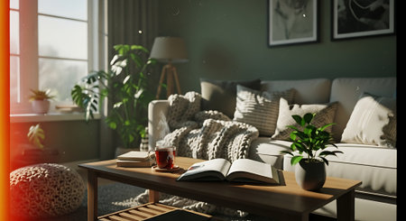 A serene living room with a beige sofa, wooden coffee table, and lush green plants, bathed in warm natural light streaming through a large window.の素材