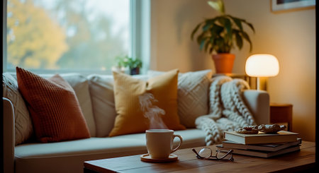 A serene living room scene featuring a comfortable couch with pillows, a steaming cup of coffee on a wooden table, and warm lighting from a lamp, creating a relaxing atmosphere.の素材