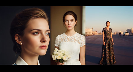A collage of three photographs featuring a woman in different settings and outfits, showcasing her in a white collared shirt, a white wedding dress with flowers, and a long black dress.の素材