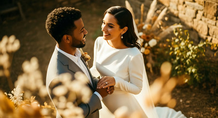A smiling multi-ethnic couple stands together in a garden, holding hands and looking into each other's eyes, surrounded by flowers and a stone wall.の素材