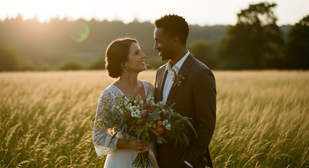A smiling bride and groom stand together in a serene wheat field, surrounded by warm sunlight and lush greenery, holding a beautiful bouquet of flowers.の素材
