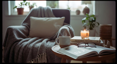 A serene living room scene featuring a comfortable armchair with a throw blanket, a side table with a cup of coffee, an open book, glasses, and a lit candle, surrounded by plants on the windowsill.の素材