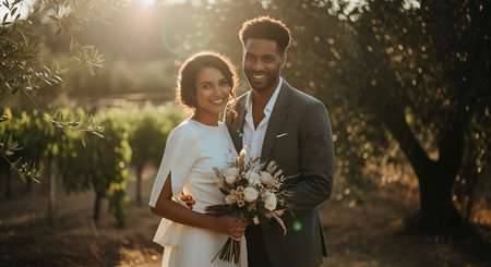 A smiling African American bride and groom stand together in a vineyard, surrounded by lush greenery and trees, with the warm sun shining down on them.の素材