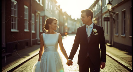 A smiling bride and groom in formal attire walk hand in hand down a charming cobblestone street lined with historic buildings, bathed in warm sunlight.の素材