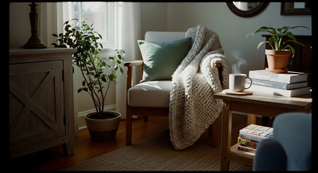 A serene living room scene featuring a comfortable armchair with a throw blanket, surrounded by plants, books, and a cup of coffee, bathed in natural light.の素材