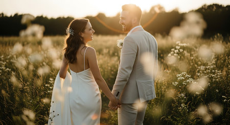 A bride and groom stand hand in hand in a serene field of wildflowers, bathed in warm sunlight during a beautiful sunset, exuding love and happiness.の素材