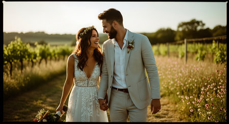 A smiling bride and groom, dressed in white and beige, walk hand in hand through a picturesque vineyard with lush greenery and colorful wildflowers under a bright sky.の素材