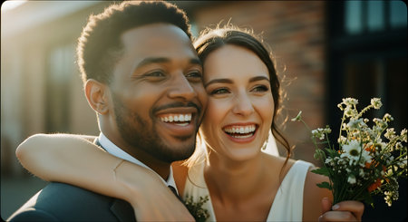A smiling interracial couple, with the woman holding flowers and embracing the man from behind, posing together outdoors on a sunny day.の素材