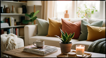 A serene living room scene featuring a plush white couch with colorful pillows, a wooden coffee table with a plant, candle, and books, and a bookshelf in the background.の素材