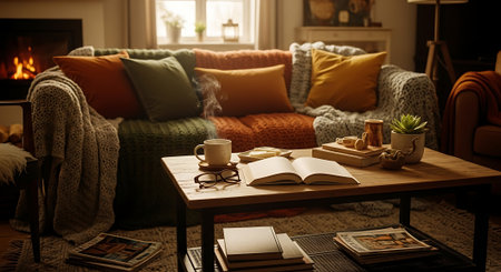 A warm and inviting living room with a lit fireplace, a comfortable sofa adorned with colorful pillows, and a wooden coffee table with books, a mug, and glasses, creating a relaxing atmosphere.の素材