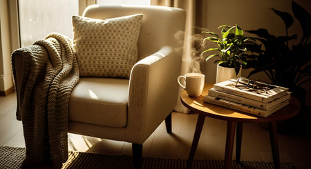 A serene and inviting living room scene featuring a cream-colored armchair with a throw blanket and pillow, accompanied by a wooden side table with books, a plant, and a steaming coffee mug near a sunny window.の素材