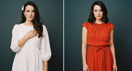 Two women standing side by side, one wearing a white dress with long sleeves and a flower in her hair, the other in a red sleeveless dress with a waist tie, against a dark gray background.の素材