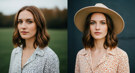 A young woman with brown hair wearing two different outfits, one with a white floral shirt outdoors and another with a beige hat and peach floral shirt in a studio setting.の素材
