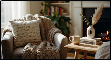 A comfortable armchair with a throw blanket and pillow sits beside a wooden table with a cup, books, and vase, in front of a warm fireplace in a cozy living room.の素材