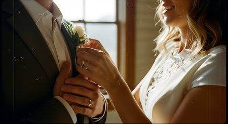 A bride gently adjusts the groom's boutonniere as they stand together in a warm, sunlit room, capturing a tender moment on their special day.の素材